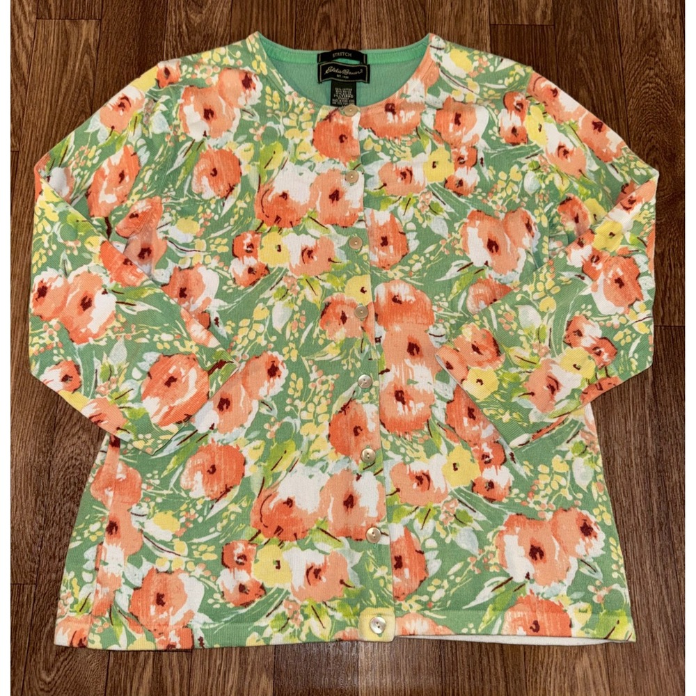 Eddie Bauer Womens Green Peach Floral Button Front Cardigan 3/4 Sleeve Stretch M - Picture 1 of 8